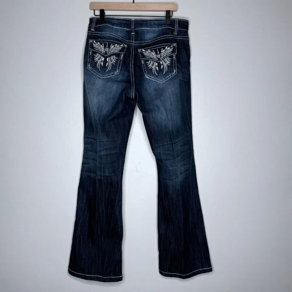 NLTD Womens Flare‎ Boot Cut Jeans 14 Embellished Denim Flare Rock